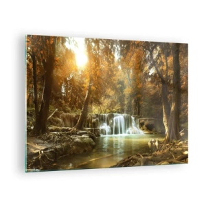 Impression sur verre - Image sur verre - Une cascade dans un parc entouré d'arbres aux couleurs d'automne - 70x50cm - Cascade du parc - Décoration murale moderne pour le salon et la chambre ARTTOR