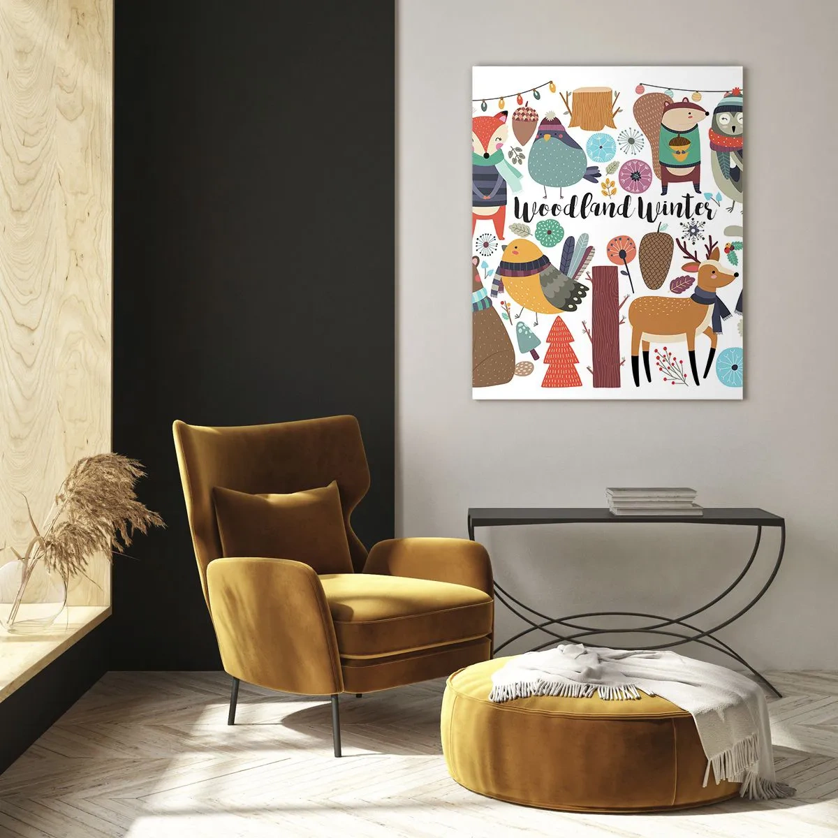Impression sur verre - Image sur verre - Forêt d'hiver avec des animaux mignons en illustration - 50x70cm - Un monde de conte de fées en forêt - Décoration murale moderne pour le salon et la chambre ARTTOR