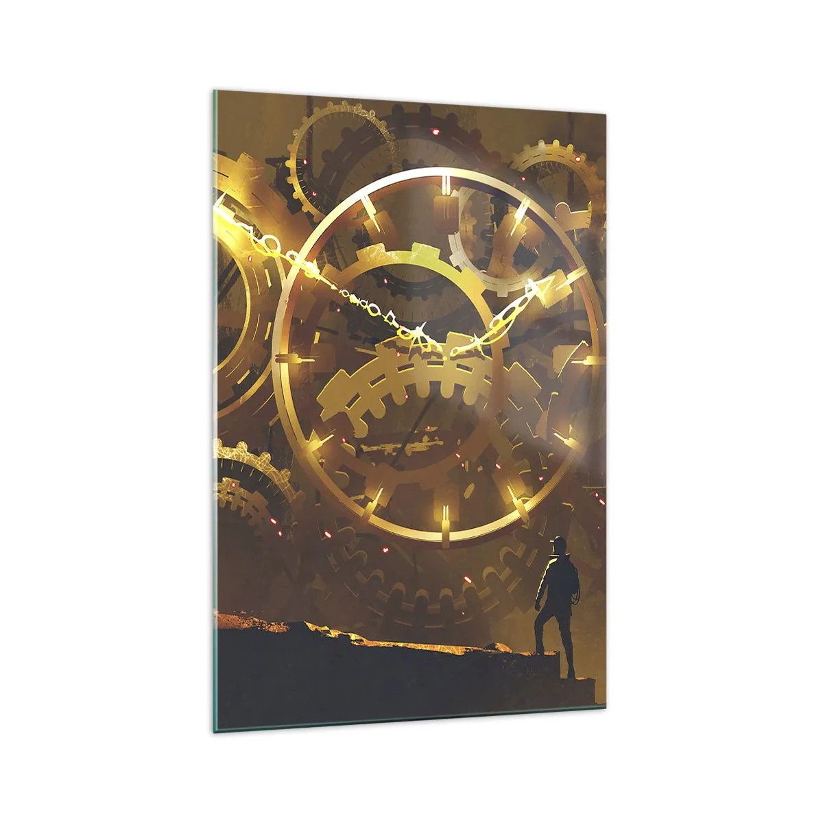 Impression sur verre - Image sur verre - Engrenages dorés dans un décor surréaliste avec une figurine - 70x100cm - À la source du temps - Décoration murale moderne pour le salon et la chambre ARTTOR