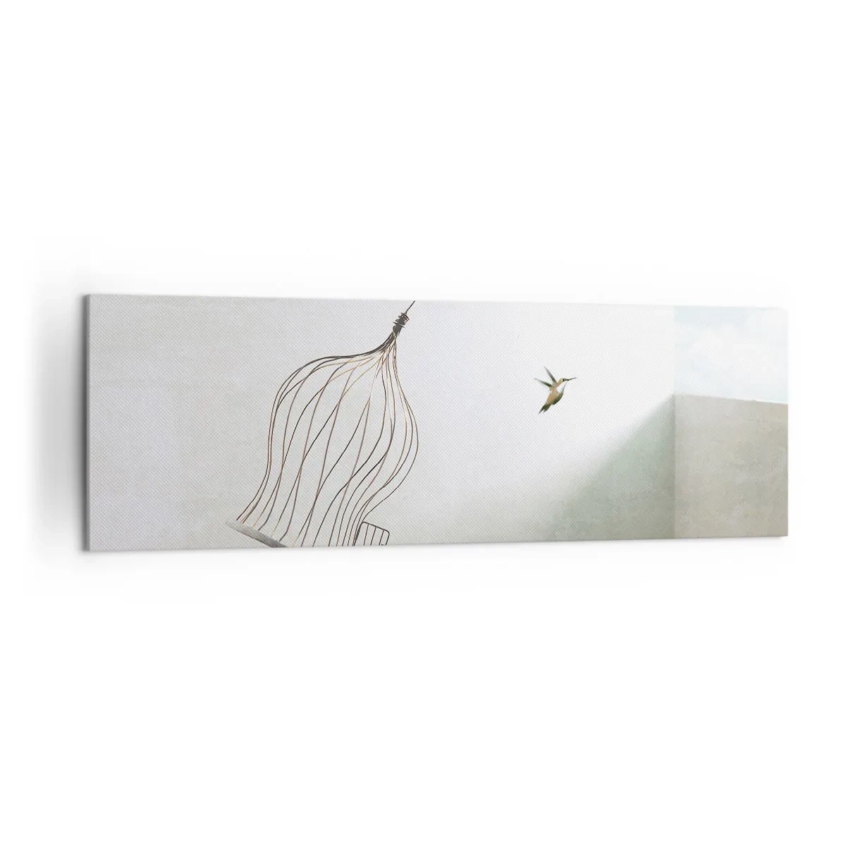 Impression sur toile - Image sur toile - Un oiseau libéré d'une cage sur fond de ciel lumineux - 160x50cm - Dans son élément - Décoration murale moderne pour le salon et la chambre ARTTOR