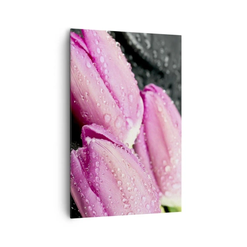 Impression sur toile - Image sur toile - Trois tulipes roses avec des gouttes d'eau sur fond noir - 80x120cm - Lilas trois sur une pierre noire - Décoration murale moderne pour le salon et la chambre ARTTOR