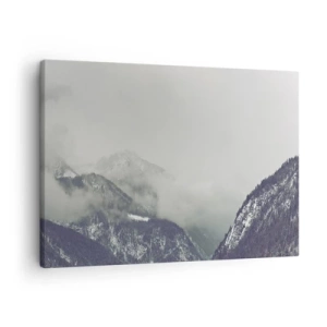 Impression sur toile - Image sur toile - Une vallée de montagne enveloppée de brume dans des nuances de gris - 70x50cm - Vallée brumeuse - Décoration murale moderne pour le salon et la chambre ARTTOR