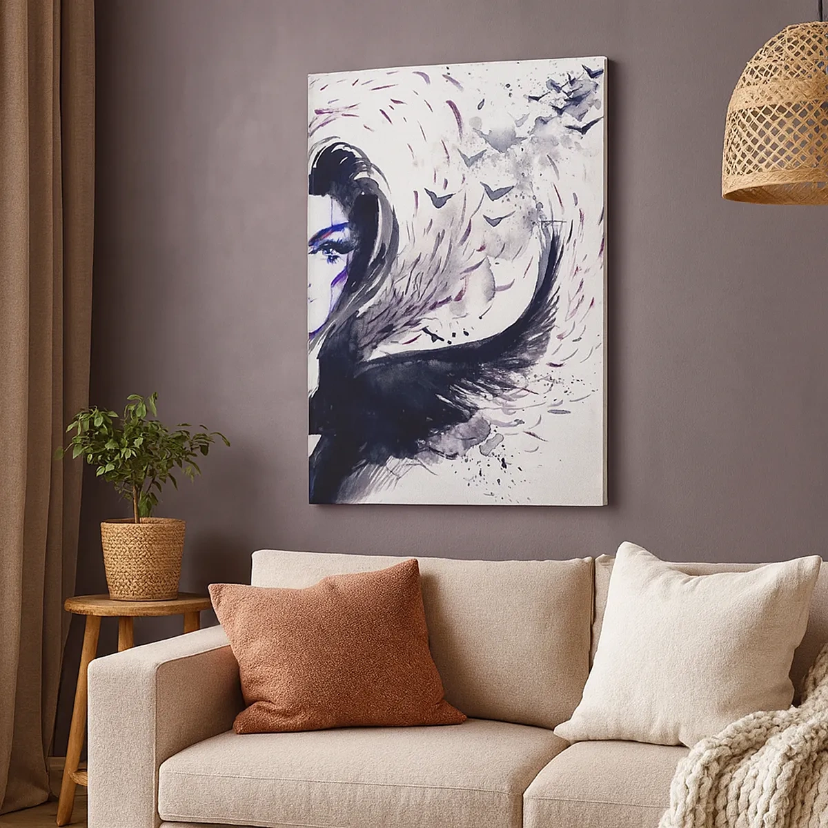 Impression sur toile - Image sur toile - Visage abstrait avec des éléments contrastés et un motif d'aile - 50x70cm - Démoniaque et belle - Décoration murale moderne pour le salon et la chambre ARTTOR