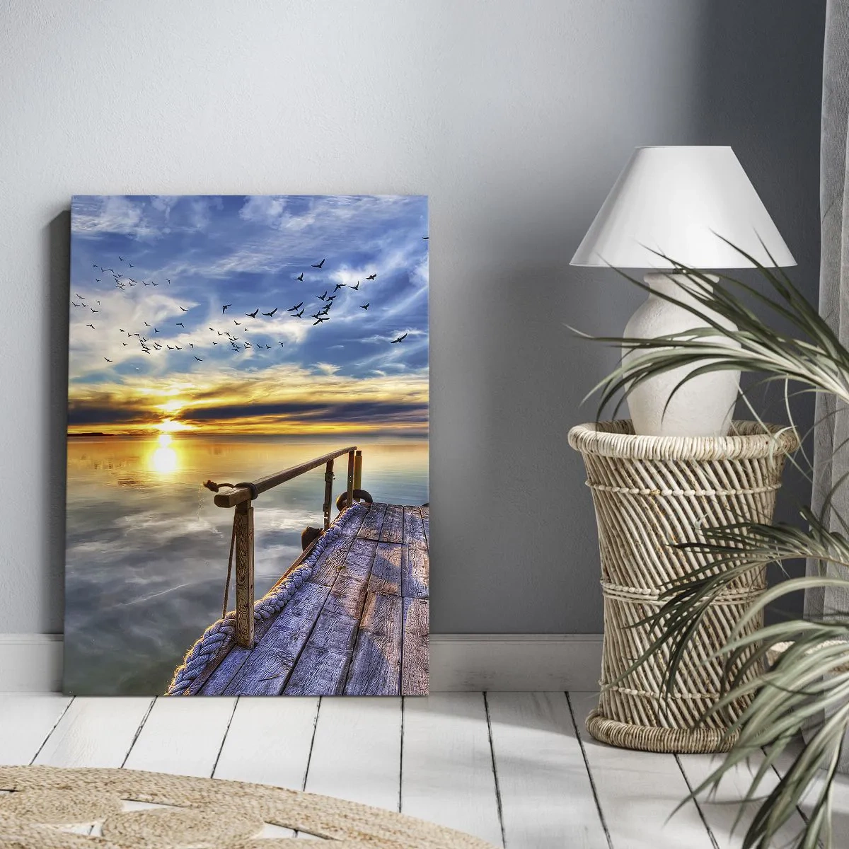Impression sur toile - Image sur toile - Jetée en bois sur le lac au coucher du soleil - 50x70cm - Le vent se repose - Décoration murale moderne pour le salon et la chambre ARTTOR
