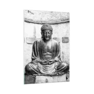 Impression sur verre - Image sur verre - Statue de Bouddha noir et blanc dans une pose méditative - 80x120cm - A la source de la paix - Décoration murale moderne pour le salon et la chambre ARTTOR