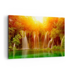 Impression sur toile - Image sur toile - Cascades entourées de verdure dans la lueur du soleil couchant - 100x70cm - Au soleil et à l'ombre - Décoration murale moderne pour le salon et la chambre ARTTOR