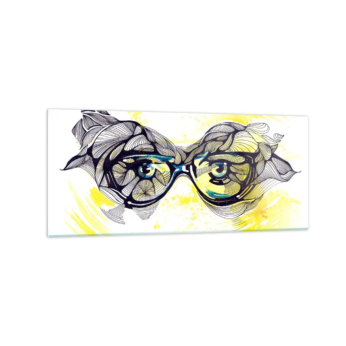 Impression sur verre - Image sur verre - Graphiques artistiques de lunettes aux yeux expressifs - 120x50cm - À travers des lunettes bleues - Décoration murale moderne pour le salon et la chambre ARTTOR