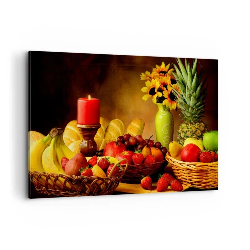 Impression sur toile - Image sur toile - Nature morte avec fruits, pain, bougie et fleurs - 120x80cm - Nature morte de pain et de fruits - Décoration murale moderne pour le salon et la chambre ARTTOR