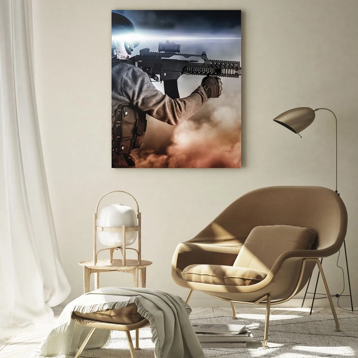 Impression sur verre - Image sur verre - Un soldat en action tirant avec un fusil sur fond de fumée. - 50x70cm - Tout simplement un héros - Décoration murale moderne pour le salon et la chambre ARTTOR
