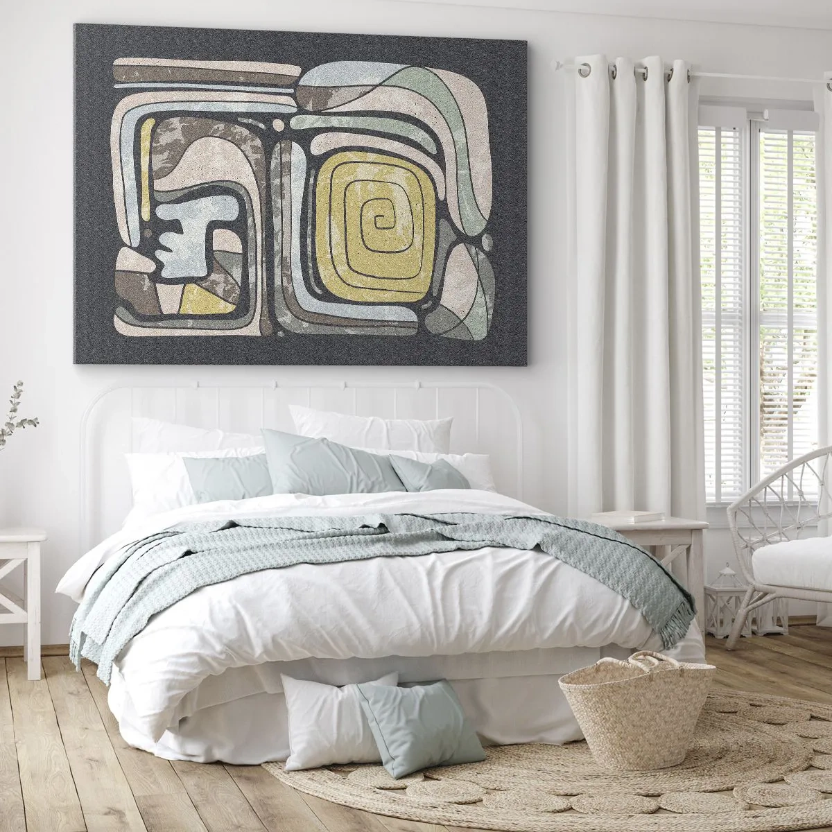 Impression sur toile - Image sur toile - Motifs précolombiens aux couleurs pastel sur fond sombre - 70x50cm - L'abstraction dans l'esprit précolombien - Décoration murale moderne pour le salon et la chambre ARTTOR