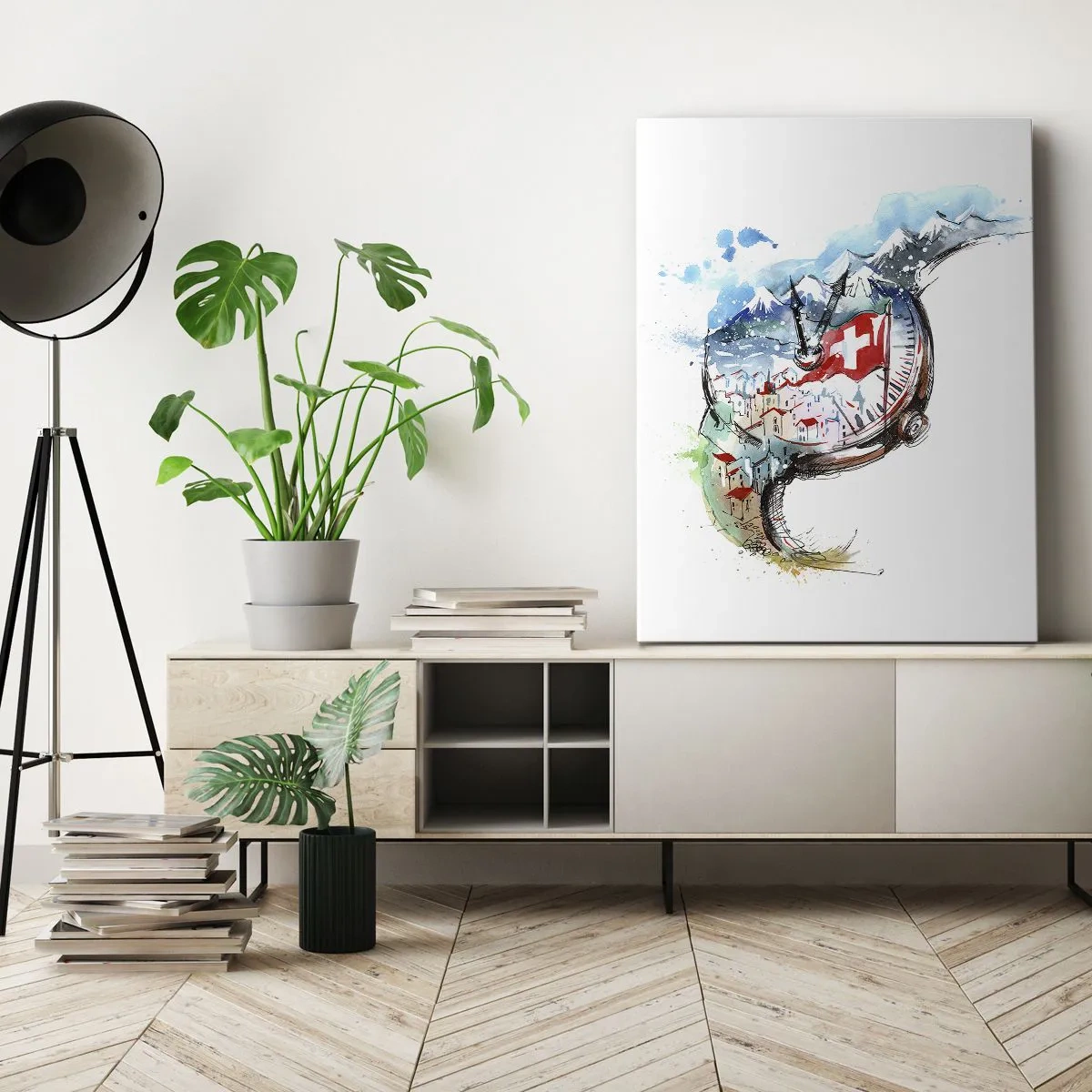Impression sur toile - Image sur toile - Un paysage aquarelle de la Suisse dans un design d'horlogerie - 50x70cm - L'esprit de la Suisse - Décoration murale moderne pour le salon et la chambre ARTTOR