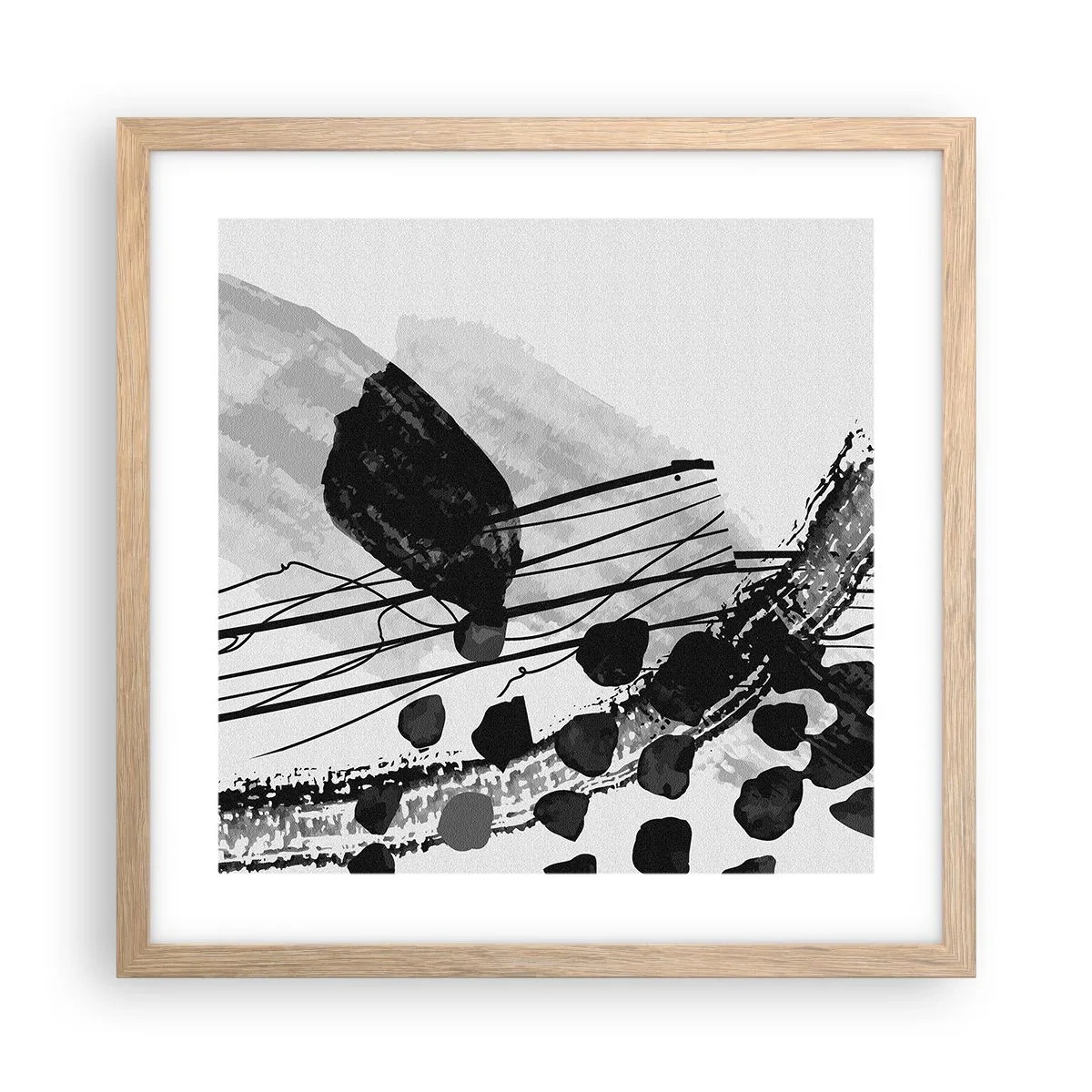 Affiche dans un chêne clair - Poster - Abstraction organique noir et blanc - 40x40 cm