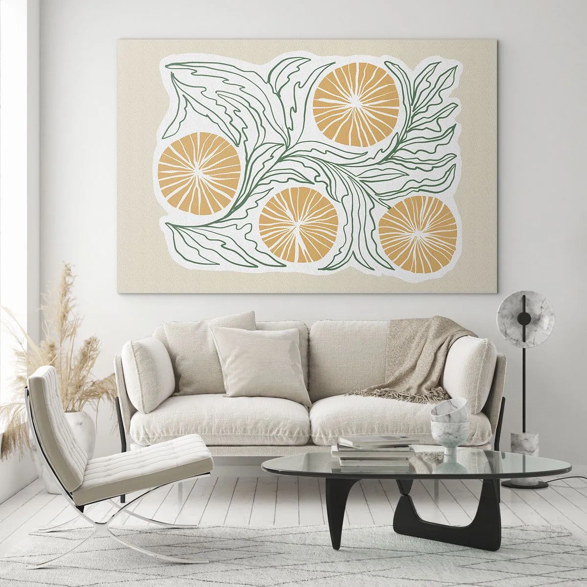Impression sur verre - Image sur verre - Fruits orange et feuilles vertes dans une composition graphique - 100x70cm - Ethnique avec une pointe d'abstraction - Décoration murale moderne pour le salon et la chambre ARTTOR