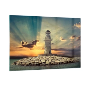 Impression sur verre - Image sur verre - Un phare sur fond de soleil couchant - 120x80cm - Lumière - Bonté - Beauté - Décoration murale moderne pour le salon et la chambre ARTTOR