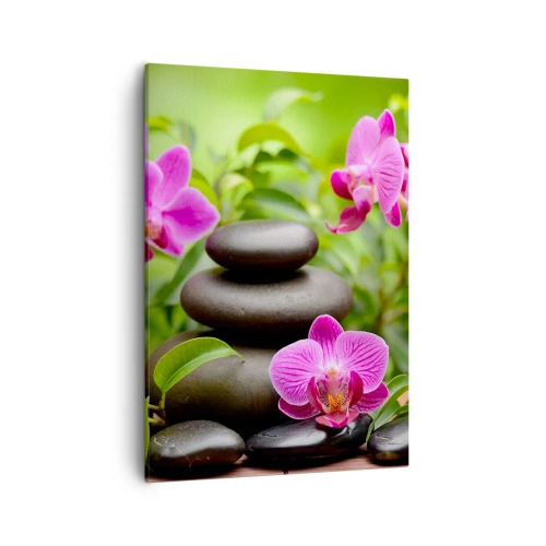Impression sur toile - Image sur toile - Orchidées roses avec des pierres sur fond vert - 50x70cm - Pyramide de la Paix - Décoration murale moderne pour le salon et la chambre ARTTOR