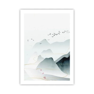 Affiche - Poster - Montagnes et oiseaux délicats dans une composition minimaliste - 50x70cm - Au-delà des sommets - Décoration murale moderne pour le salon et la chambre ARTTOR
