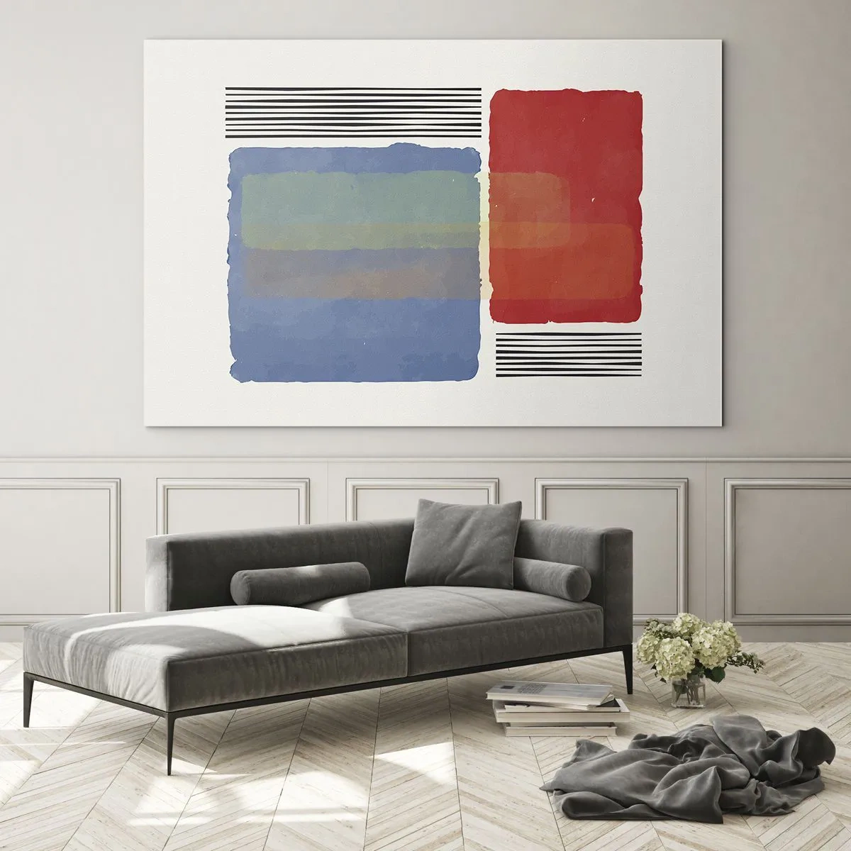 Impression sur verre - Image sur verre - Composition géométrique avec des rectangles rouges et bleus - 120x80cm - Esprit et lettre de la géométrie - Décoration murale moderne pour le salon et la chambre ARTTOR