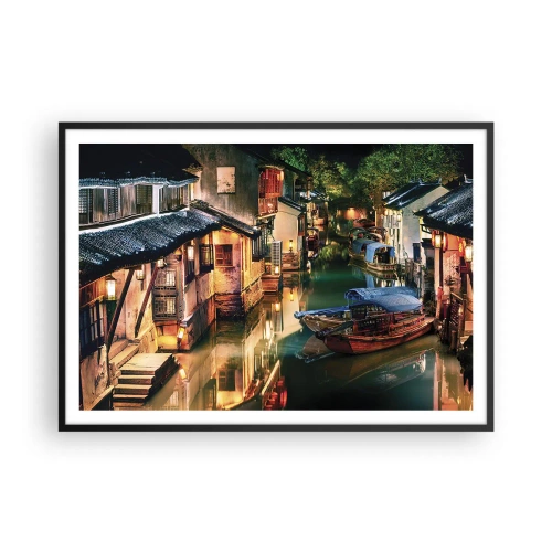 Affiche dans un cadre noir - Poster - Vue nocturne des canaux avec bateaux et maisons traditionnels - 100x70cm - Soirée dans une rue chinoise - Décoration murale moderne pour le salon et la chambre ARTTOR