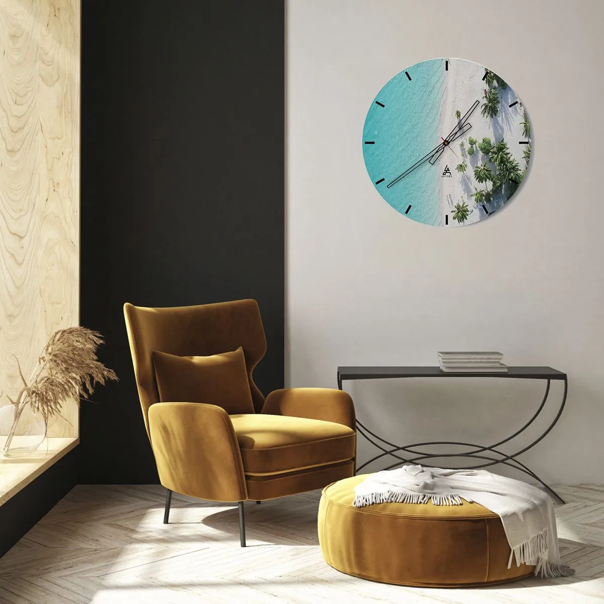 Horloge murale - Pendule murale - Vue de dessus de la plage avec eau turquoise et palmiers - 30x30cm - Vacances au paradis - Décoration murale moderne pour le salon, la cuisine et la chambre ARTTOR