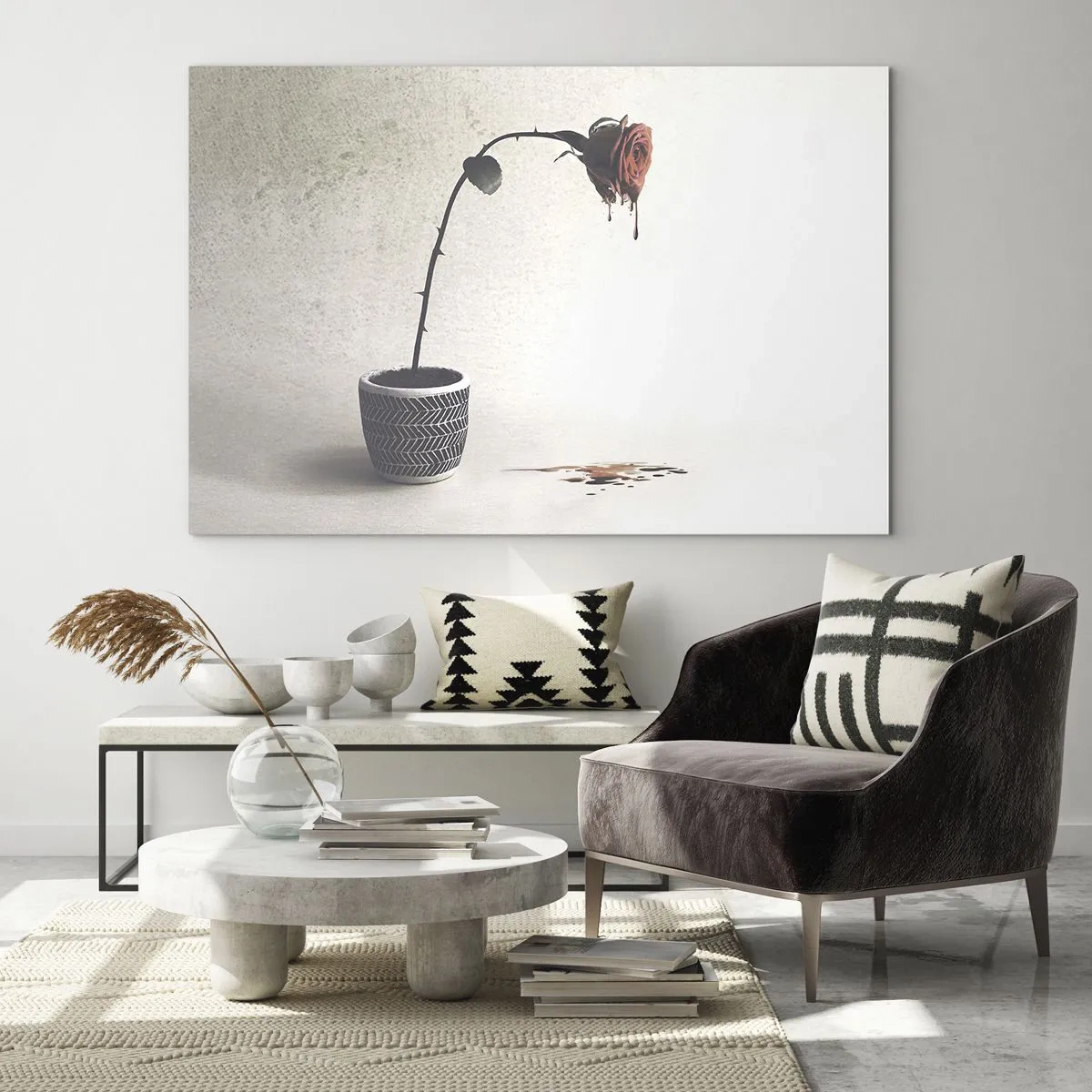 Impression sur verre - Image sur verre - Une rose symbolique dans un pot avec de la peinture qui coule - 70x50cm - Rosa dolorosa - Décoration murale moderne pour le salon et la chambre ARTTOR