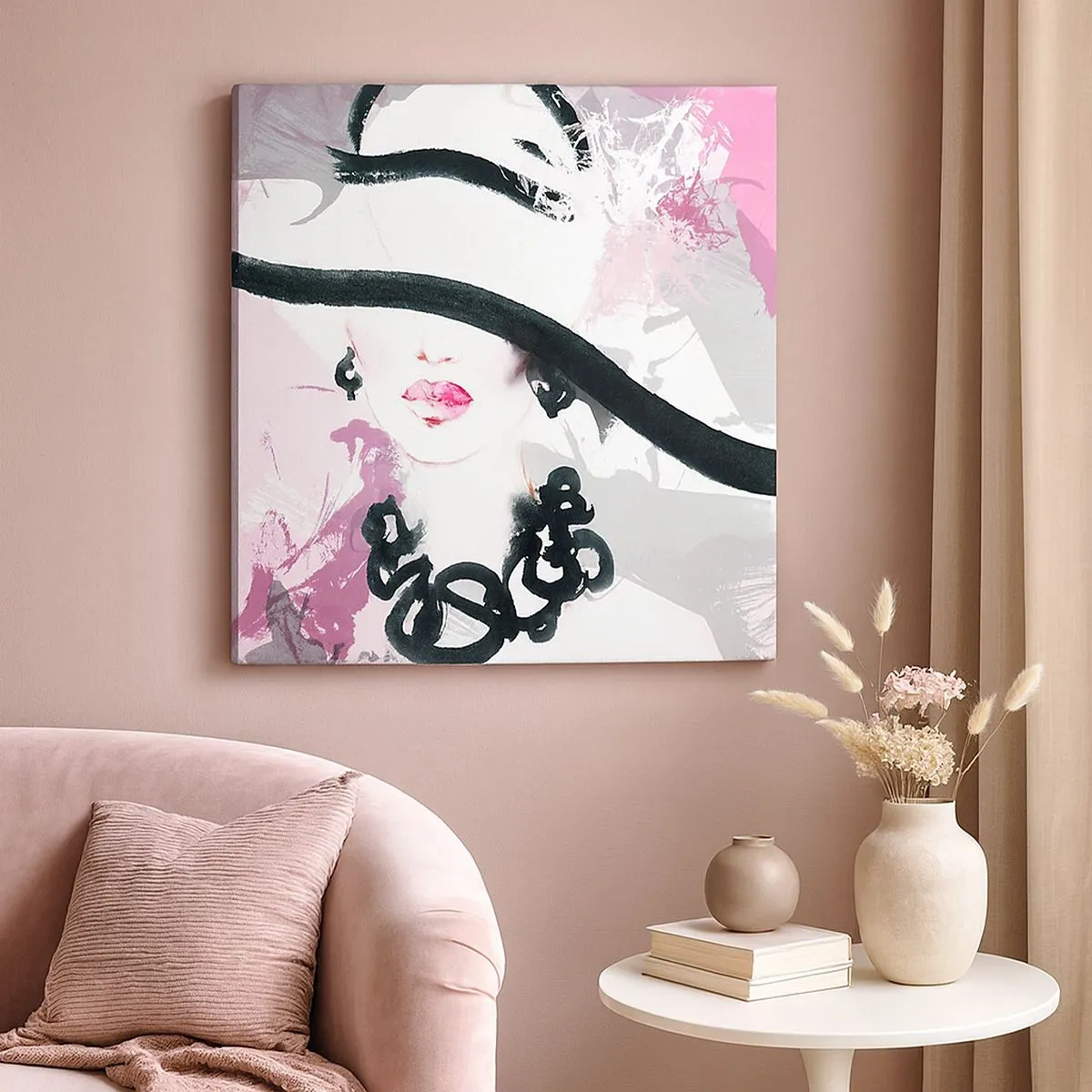 Impression sur toile - Image sur toile - Portrait d'une dame en noir et rose - 30x30 cm