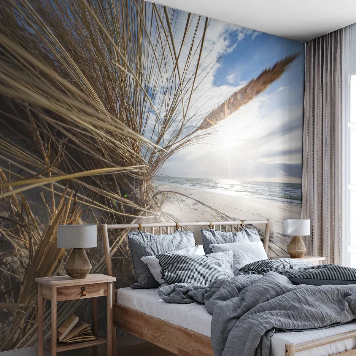 Papier Peint Photo Standard Eco - Dunes avec herbe et mer au coucher du soleil - 100x70cm - Rencontre des éléments - Décoration murale moderne pour le salon et la chambre ARTTOR