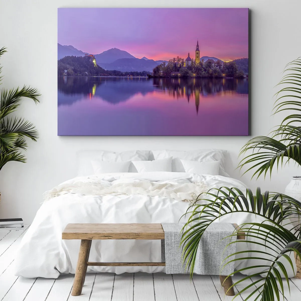 Impression sur toile - Image sur toile - Lac avec une île et une église au coucher du soleil - 100x70cm - Une île de conte de fées au crépuscule - Décoration murale moderne pour le salon et la chambre ARTTOR