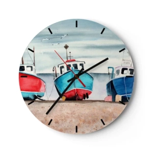 Horloge murale - Pendule murale - Bateaux de pêche colorés sur le rivage dans un cadre pittoresque - 30x30cm - Prêt pour la pêche - Décoration murale moderne pour le salon, la cuisine et la chambre ARTTOR