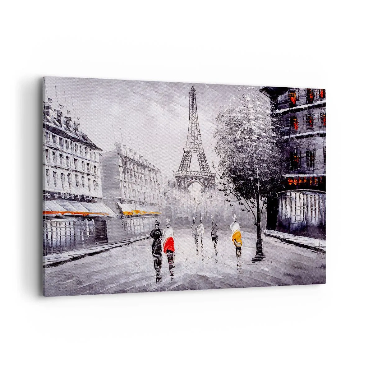 Impression sur toile - Image sur toile - Une vue de la Tour Eiffel dans un décor monochrome avec des touches de couleur - 100x70cm - Balade parisienne - Décoration murale moderne pour le salon et la chambre ARTTOR