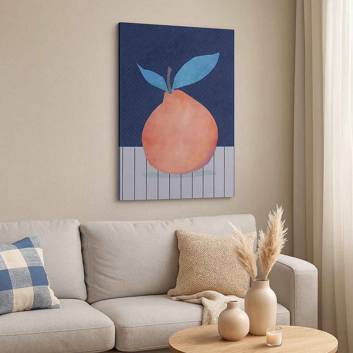 Impression sur toile - Image sur toile - Fruit abstrait sur fond de couleurs contrastées et de lignes droites. - 50x70cm - Convexité et plan - Décoration murale moderne pour le salon et la chambre ARTTOR