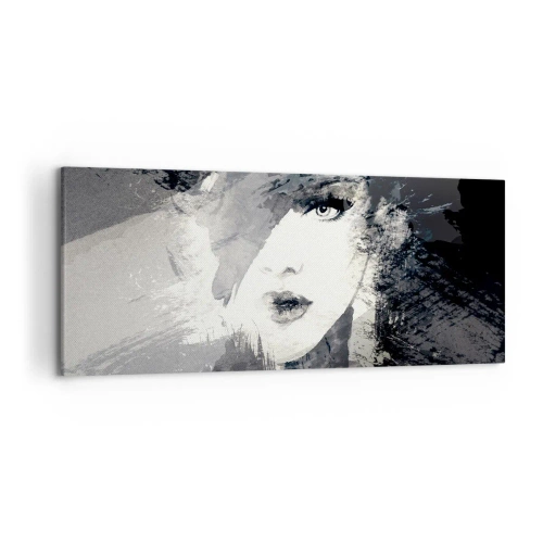 Impression sur toile - Image sur toile - Un portrait abstrait d'une femme dans des tons de gris avec des accents délicats. - 120x50cm - Derrière un voile gris - Décoration murale moderne pour le salon et la chambre ARTTOR