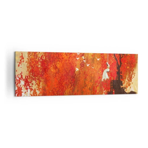 Impression sur toile - Image sur toile - Une silhouette sur une balançoire près d'un arbre entouré de feuilles rouges - 160x50cm - S'envolera-t-il avec eux ? - Décoration murale moderne pour le salon et la chambre ARTTOR