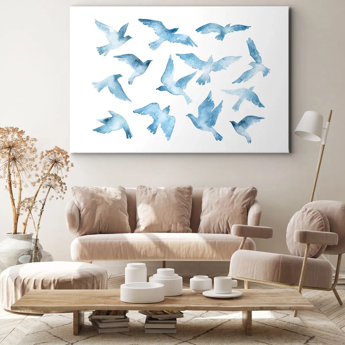 Impression sur toile - Image sur toile - Une aquarelle subtile représentant des oiseaux en vol - 70x50cm - Oiseaux bleus - Décoration murale moderne pour le salon et la chambre ARTTOR