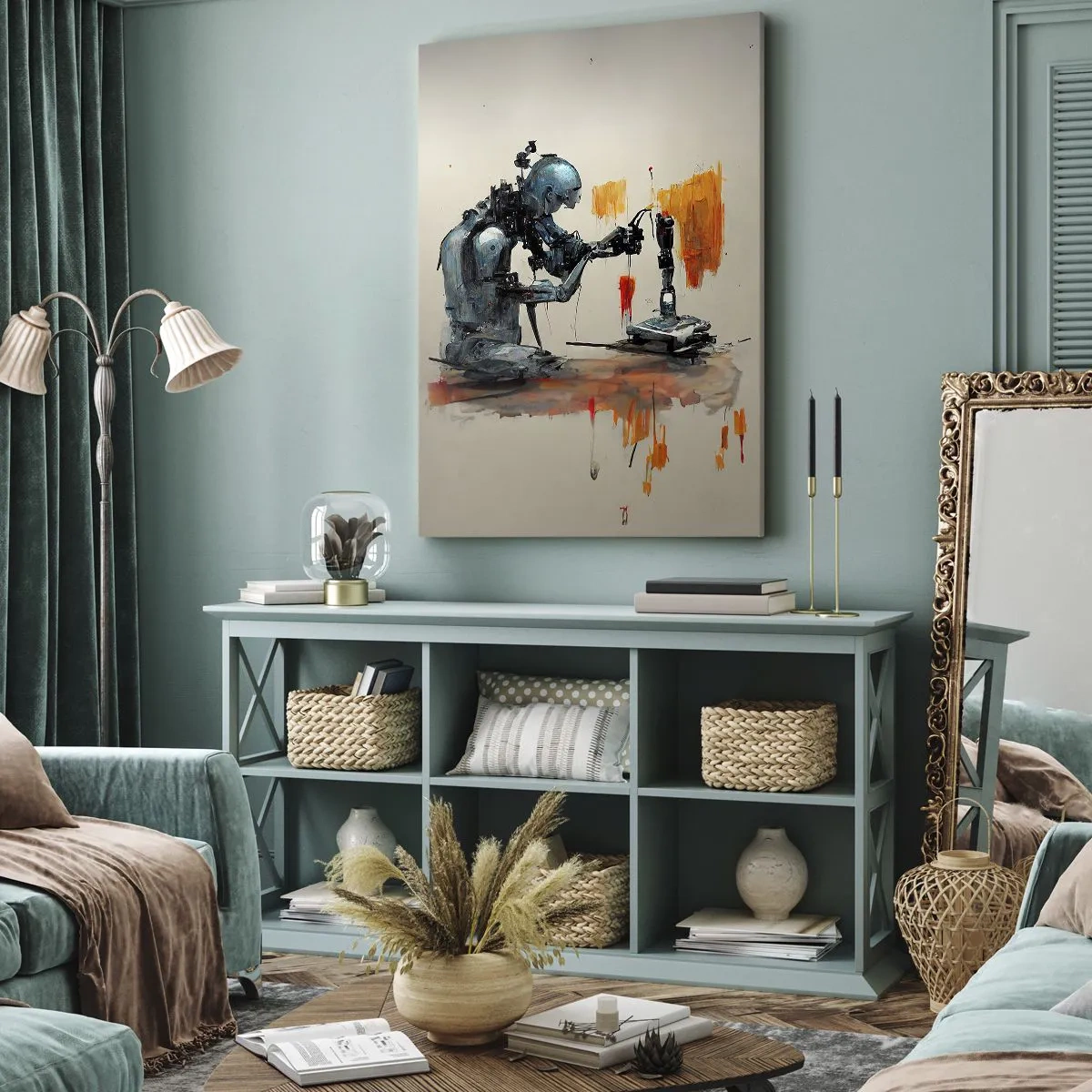 Impression sur toile - Image sur toile - Robot au travail avec un arrière-plan abstrait - 80x120cm - Déjà demain… - Décoration murale moderne pour le salon et la chambre ARTTOR