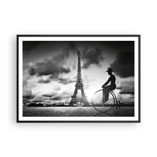 Affiche dans un cadre noir - Poster - Image en noir et blanc d'un vélo rétro avec la tour Eiffel en arrière-plan - 100x70cm - Nostalgie de la Belle Epoque - Décoration murale moderne pour le salon et la chambre ARTTOR