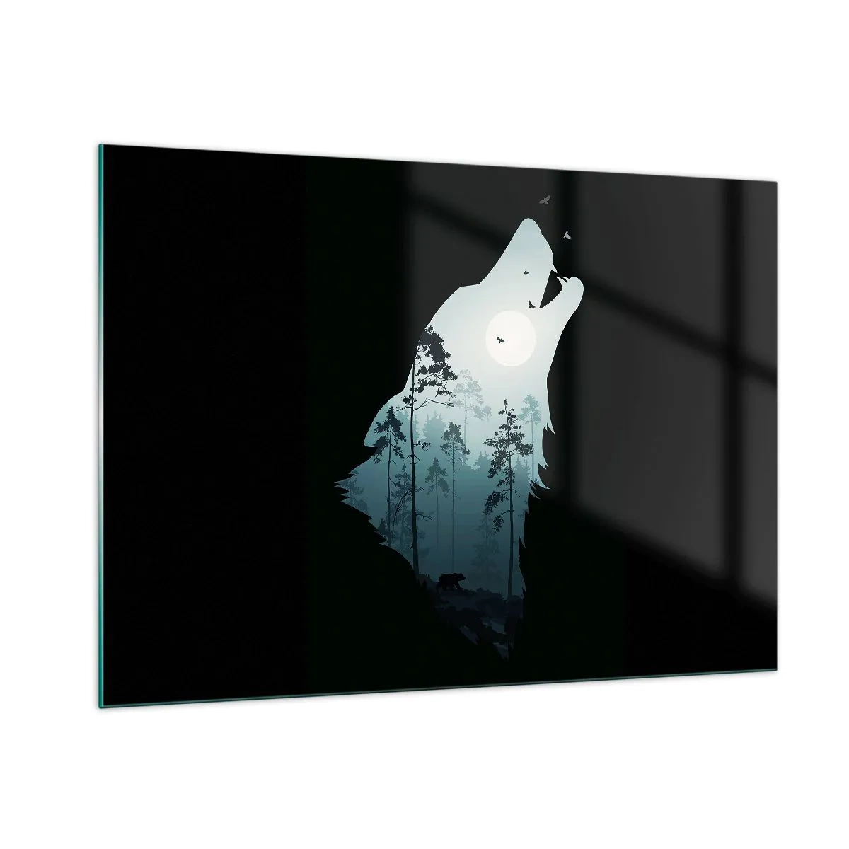 Impression sur verre - Image sur verre - Silhouette d'un loup avec une forêt et la lune en arrière-plan sur un fond noir - 100x70cm - La voix de nuit de la forêt - Décoration murale moderne pour le salon et la chambre ARTTOR