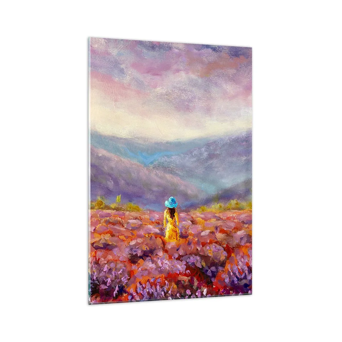 Impression sur verre - Image sur verre - Une femme portant un chapeau marchant dans un champ de lavande. - 70x100cm - Dans un monde lavande - Décoration murale moderne pour le salon et la chambre ARTTOR
