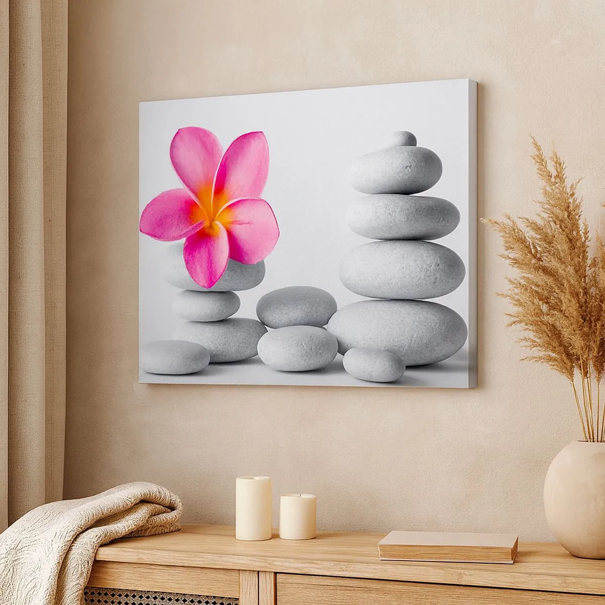 Impression sur toile - Image sur toile - Fleur rose sur pierres de style zen - 70x50cm - Pierre sur pierre, et sur cette pierre... - Décoration murale moderne pour le salon et la chambre ARTTOR