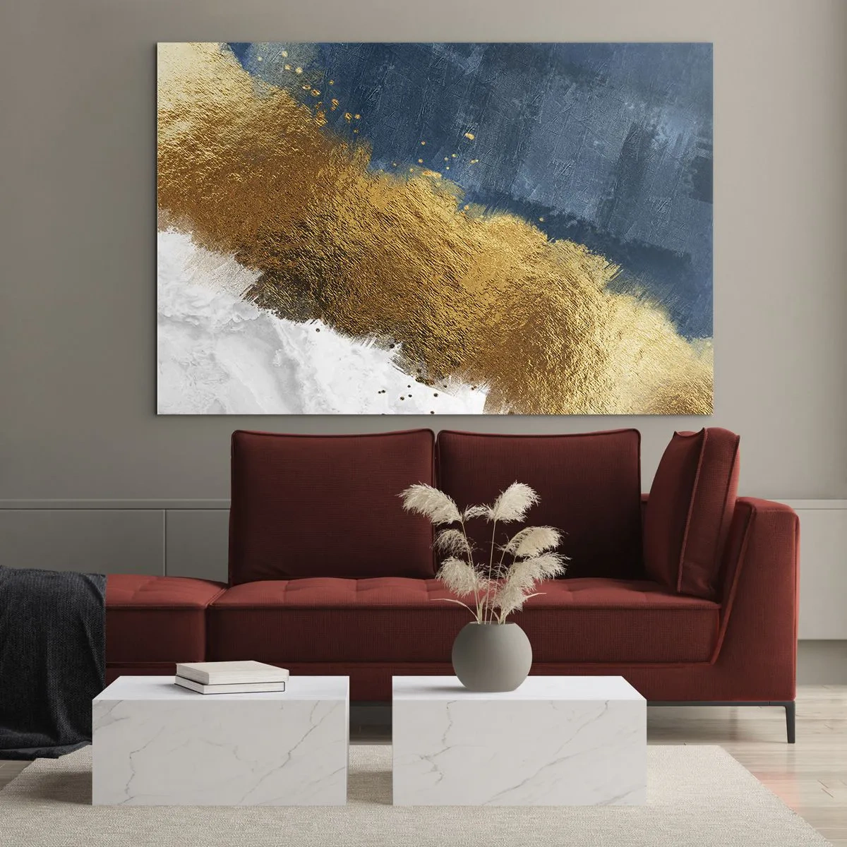 Impression sur verre - Image sur verre - Coups de peinture dorés sur fond bleu marine et blanc - 70x50cm - Les couleurs de l’été - Décoration murale moderne pour le salon et la chambre ARTTOR