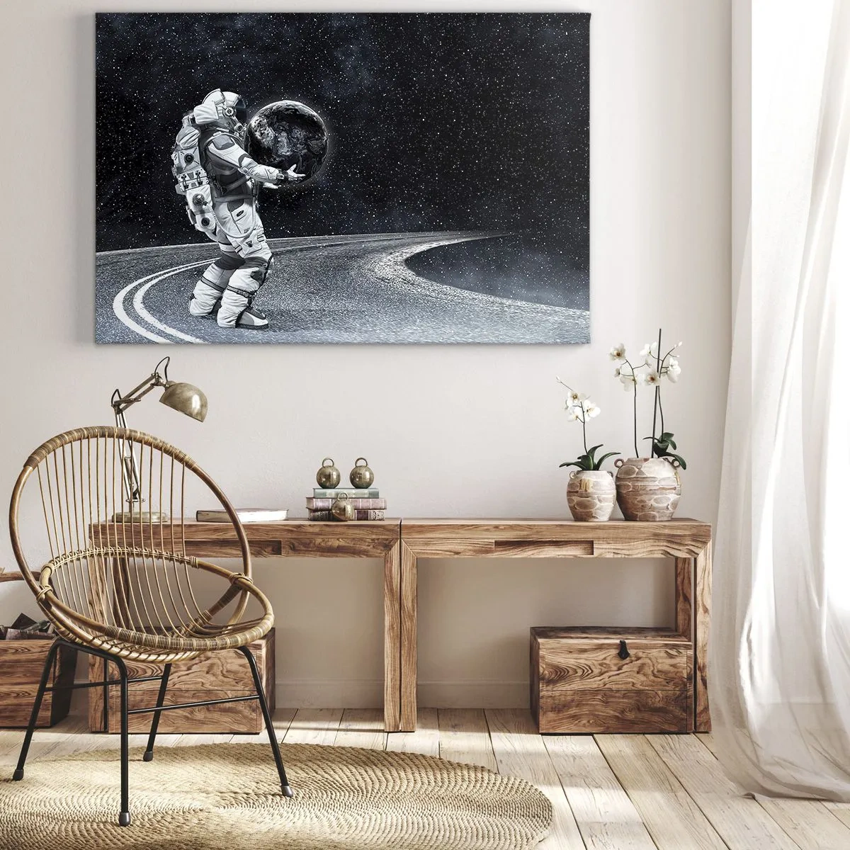 Impression sur toile - Image sur toile - Astronaute avec la Terre contre le ciel étoilé - 70x50cm - Sur la Voie Lactée - Décoration murale moderne pour le salon et la chambre ARTTOR