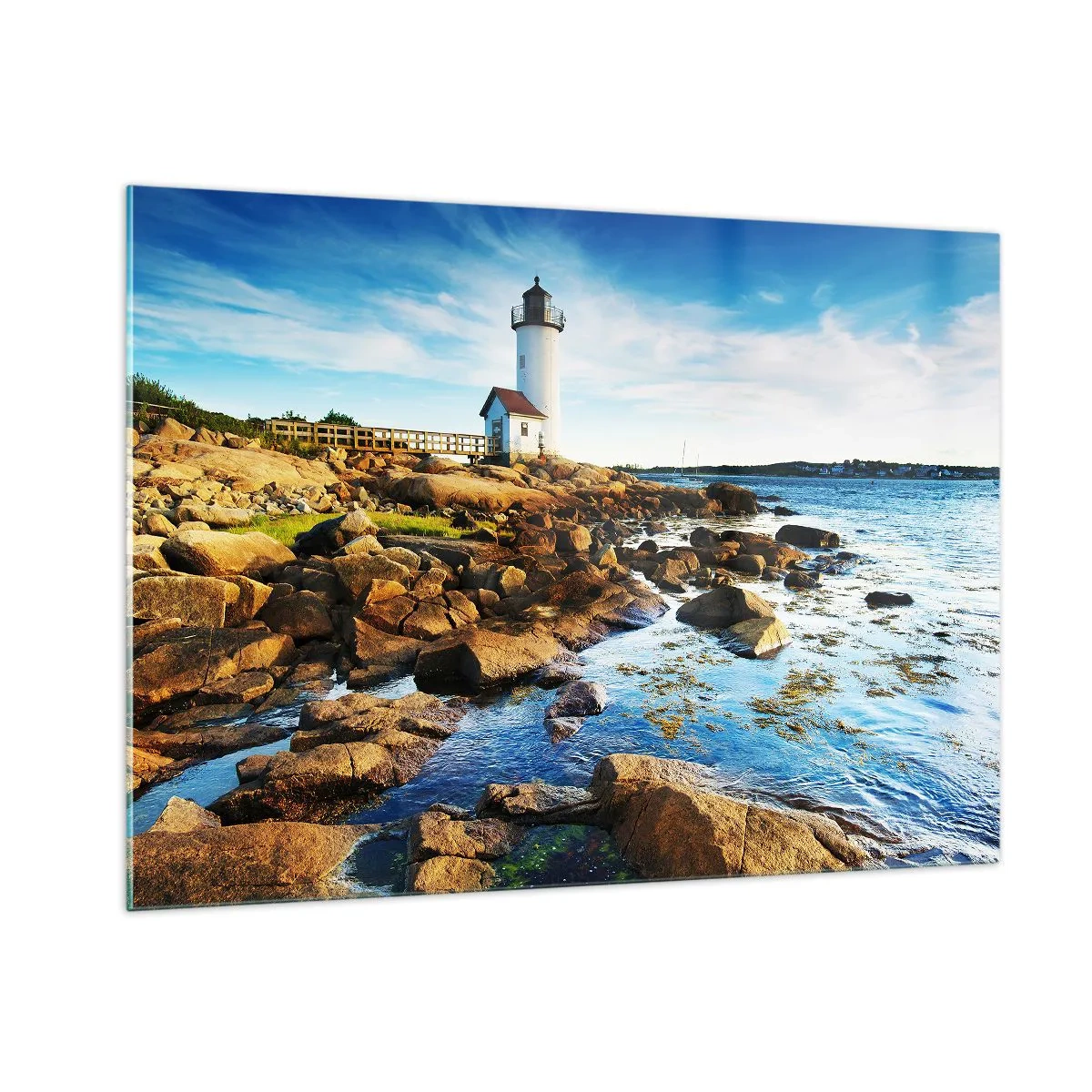 Impression sur verre - Image sur verre - Un phare sur une côte rocheuse par une journée ensoleillée - 100x70cm - Revenez heureux, j'attends - Décoration murale moderne pour le salon et la chambre ARTTOR