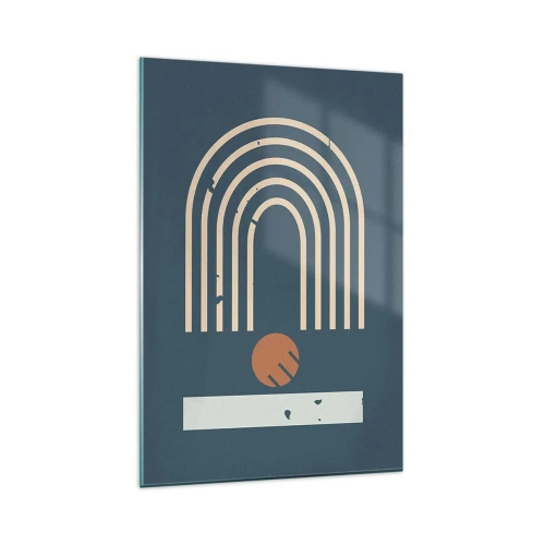 Impression sur verre - Image sur verre - Motif géométrique dans les tons bleu marine, beige et orange sur fond sombre - 80x120cm - Géométrie sur la grenade - Décoration murale moderne pour le salon et la chambre ARTTOR