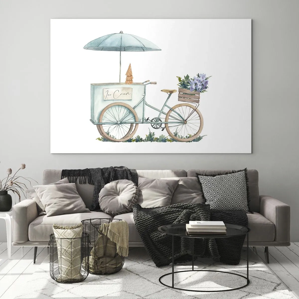 Impression sur verre - Image sur verre - Un vélo avec de la glace et des fleurs pastel - 70x50cm - Doux souvenir d'été - Décoration murale moderne pour le salon et la chambre ARTTOR
