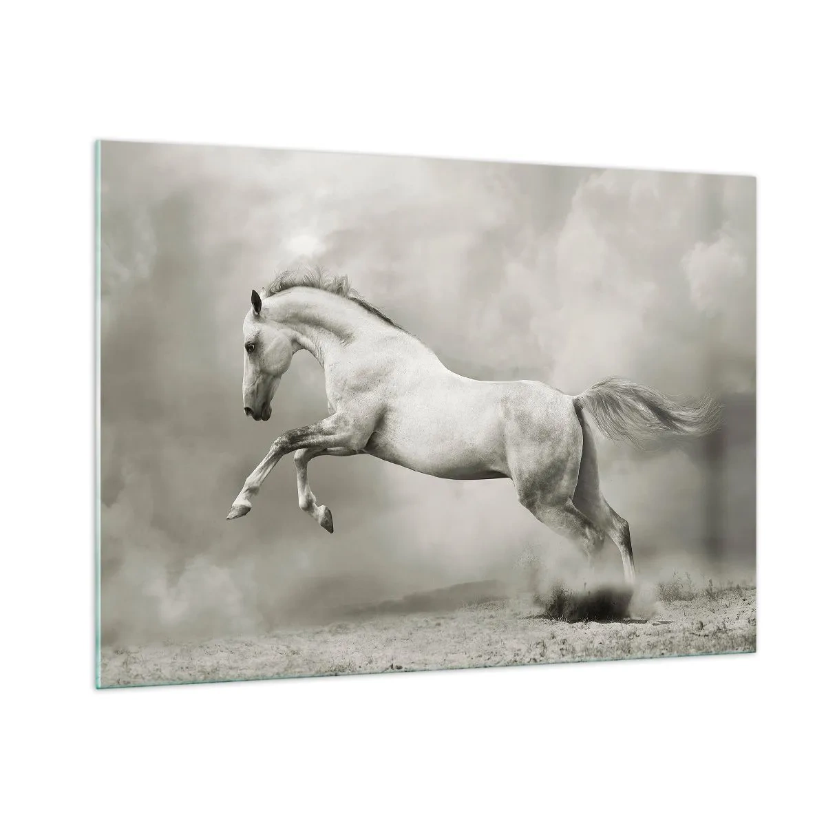 Impression sur verre - Image sur verre - Un cheval blanc sautant contre les nuages - 100x70cm - Entre le réveil et le sommeil - Décoration murale moderne pour le salon et la chambre ARTTOR