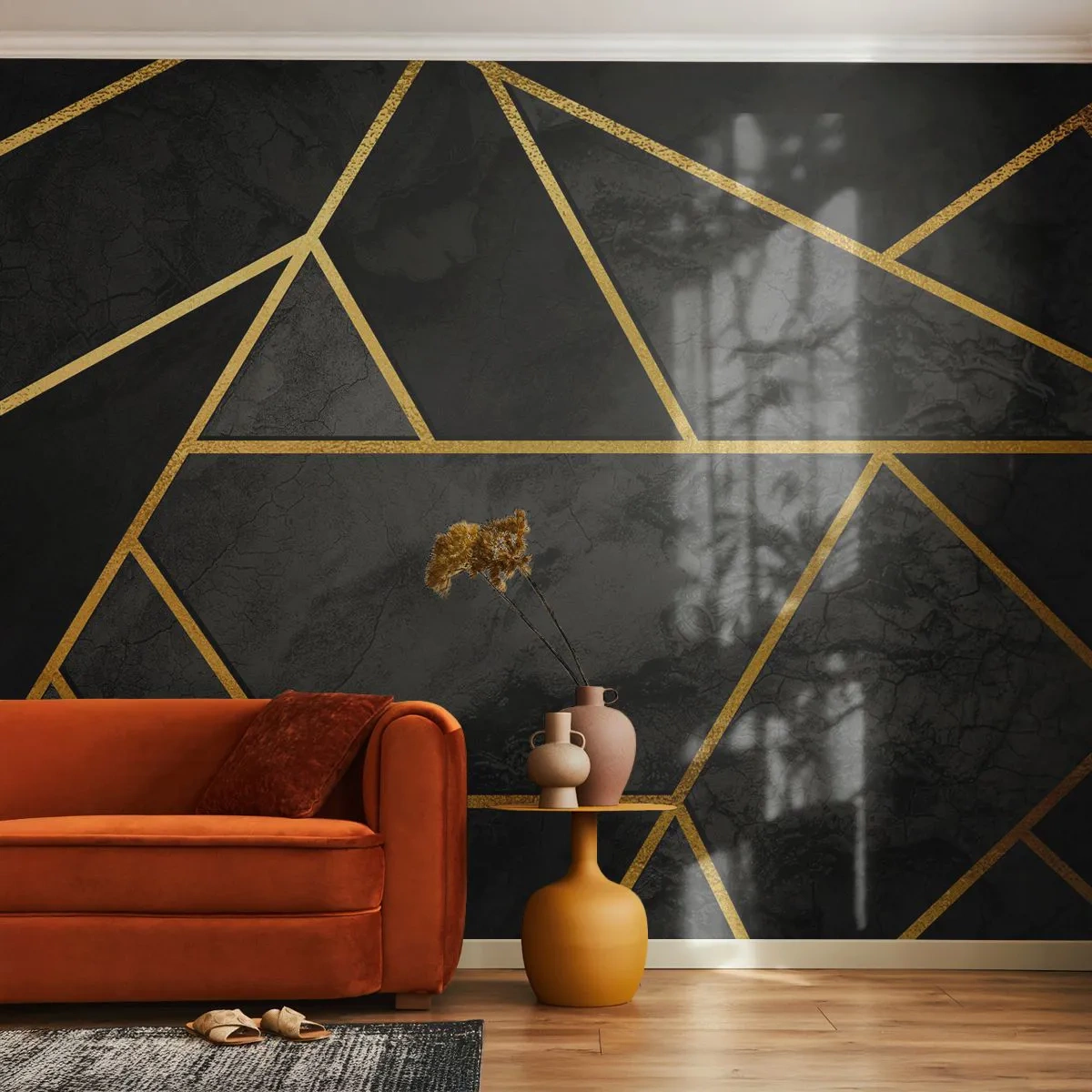 Papier Peint Photo Premium Sand - Motif géométrique doré sur fond noir - 100x70cm - Obscurité et éclat - Décoration murale moderne pour le salon et la chambre ARTTOR
