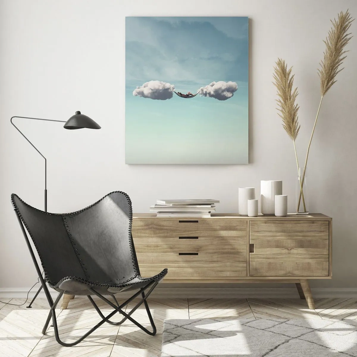 Impression sur verre - Image sur verre - Hamacs nuageux dans un ciel bleu - 50x70cm - Instant de bonheur - Décoration murale moderne pour le salon et la chambre ARTTOR