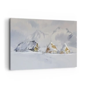 Impression sur toile - Image sur toile - Paysage d'hiver avec un chalet et des meules de foin dans les montagnes - 100x70cm - Dans une vallée enneigée - Décoration murale moderne pour le salon et la chambre ARTTOR