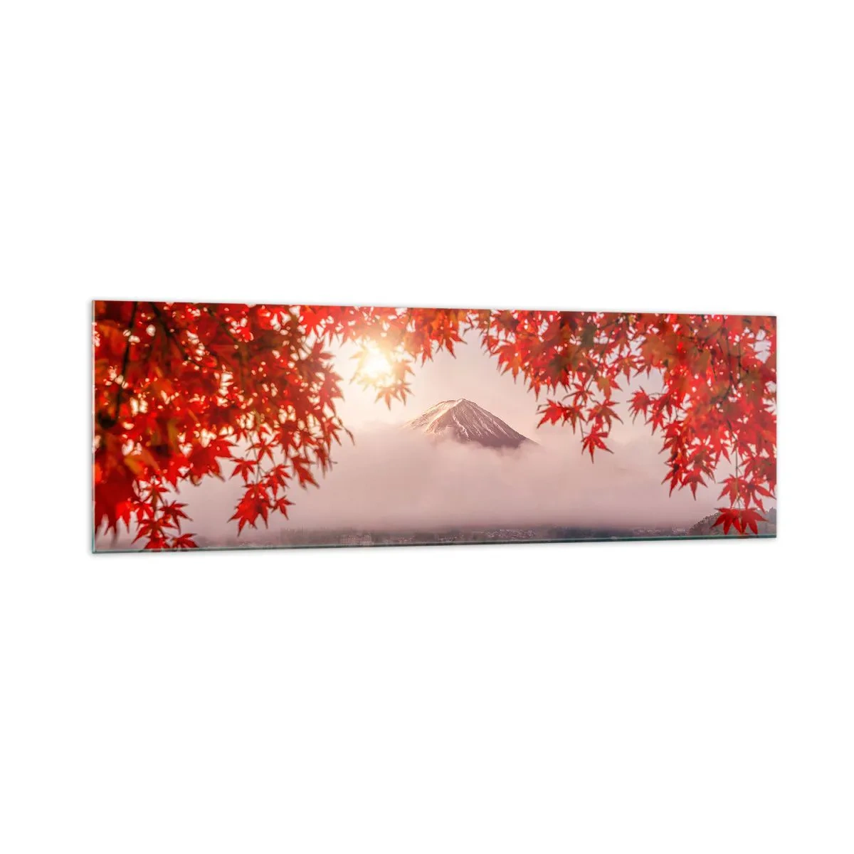 Impression sur verre - Image sur verre - Un bateau sur un lac entouré de feuilles d'érable rouges - 160x50cm - Dans le climat japonais - Décoration murale moderne pour le salon et la chambre ARTTOR