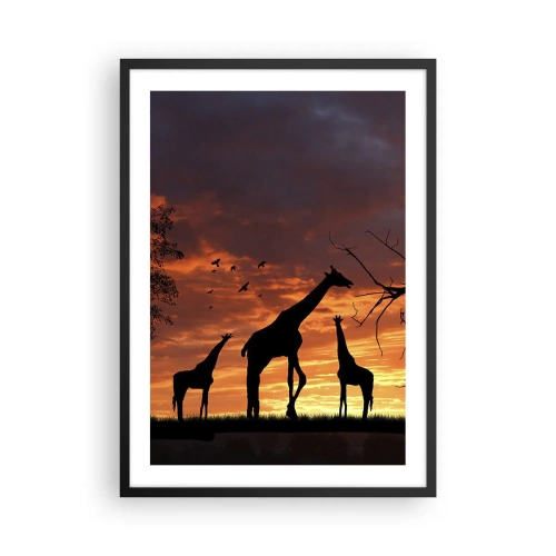 Affiche dans un cadre noir - Poster - Silhouettes de girafes au coucher du soleil - 50x70cm - Un petit dîner avec vos proches - Décoration murale moderne pour le salon et la chambre ARTTOR