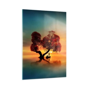 Impression sur verre - Image sur verre - Un arbre aux feuilles rouges sur fond de coucher de soleil - 50x70cm - Plénitude et éloignement sans monde - Décoration murale moderne pour le salon et la chambre ARTTOR